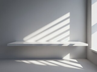 Poster - Abstract background showcasing a minimalist shelf and dynamic light patterns in a contemporary space