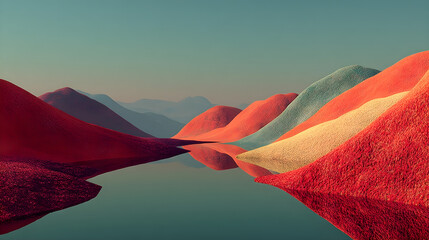 Poster - Dreamy landscape made of soft mounds and subtle reflections. 3D rendered