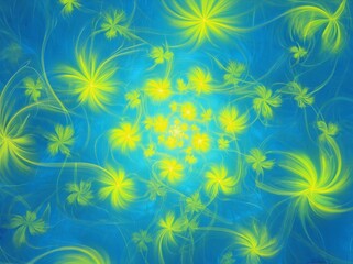 Poster - Bright abstract floral patterns swirl against a vivid blue background creating a captivating visual experience