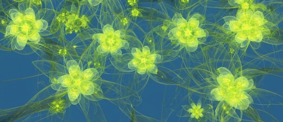 Poster - Vibrant floral abstraction with luminous yellow blossoms on a deep blue background creates a mesmerizing visual experience