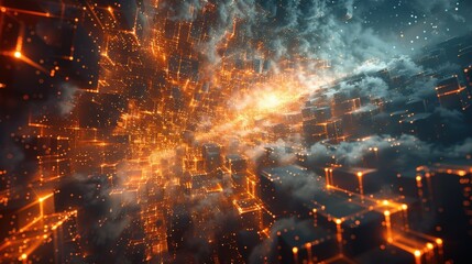 Poster - Abstract futuristic city glowing with warm light amid clouds and stars