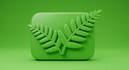 Poster - Green fern leaves 3D rendering on rounded square shape against a smooth green background for graphic design and environmental themes