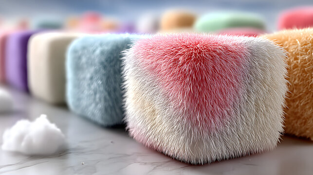Pastel-colored fluffy element set on a white canvas. 3D rendered