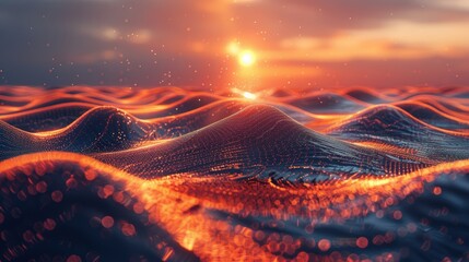 Poster - Abstract luminous landscape resembling ocean waves at sunset with bokeh effects