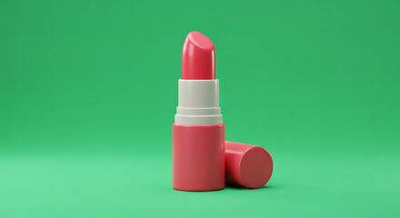 Poster - Pink Lipstick Tube with Open Lid Standing on a Green Surface in a Studio Setting for Cosmetic Use