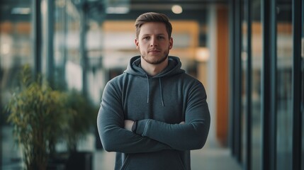 Poster - Standing in a sleek, modern office space, a tech startup CEO exudes confidence in a cozy hoodie. The warm sunlight filters through the large windows, highlighting a vibrant atmosphere