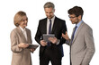 © ty - Three business people discussing work together using a tablet on a transparent background