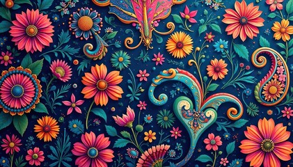 Wall Mural - intricate paisley floral pattern in vibrant hues, vector, orange, fabric