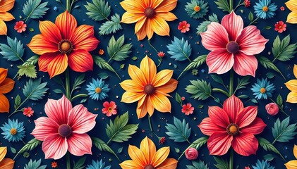 Wall Mural - intricate floral pattern, vibrant blooms, repeating design, seamless, decor