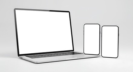 Aufkleber - Laptop with blank screen and two smartphones on a plain white surface in a studio setting view