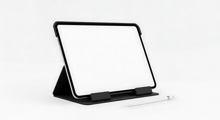 Aufkleber - A tablet with a blank screen is propped up by a black case with a stylus next to it on a white surface