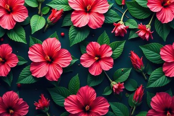 Wall Mural - vibrant hibiscus blooms, lush leaves, repeating pattern, botanical, pink