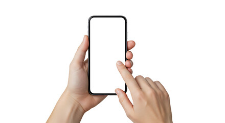 Poster - Hands holding a smartphone with blank screen and finger touching the screen on black background