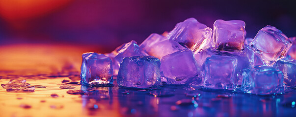 Poster - Colorful ice cubes on reflective surface with vibrant background and water droplets, copy space for text.