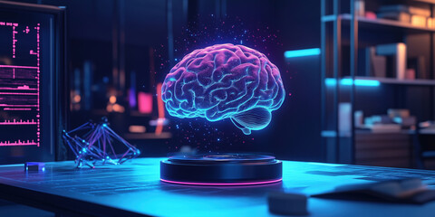 Poster - 3d holographic brain model showcasing artificial intelligence and technology in modern workspace.