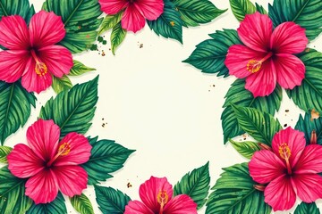 Wall Mural - bold hibiscus blooms & tropical foliage, vibrant repeating motif, download, exotic, seamless