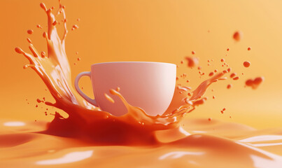 Poster - Splashing orange liquid around a white cup on vibrant orange background.