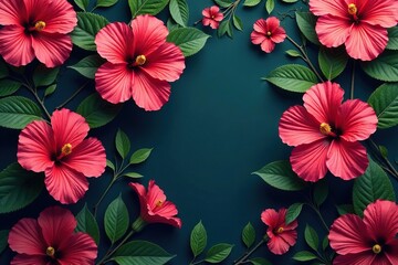 Wall Mural - vibrant hibiscus blooms, lush leaves, repeating pattern, floral, hibiscus, graphic