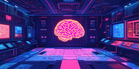 Poster - Futuristic digital brain visualization in neon-lit technology room.