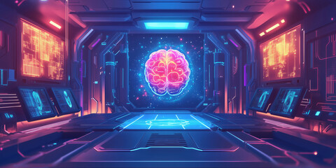 Poster - futuristic digital brain visualization in high-tech laboratory environment.