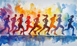 © Vergiliy - Dynamic silhouette of runners in vibrant watercolor style showcasing movement and energy.