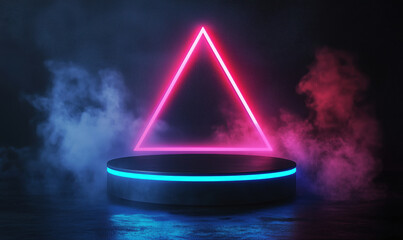 Poster - Neon Triangle Display with Colorful Smoke Effects on Dark Background.