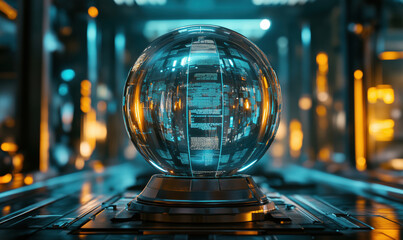 Poster - futuristic holographic globe displaying digital data in a high-tech environment.