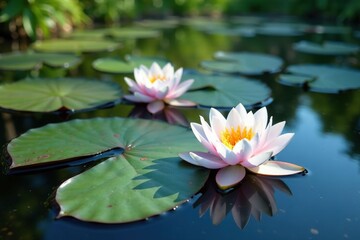 Wall Mural - water lilies creating a floral pattern on a lake's surface, environment, eco