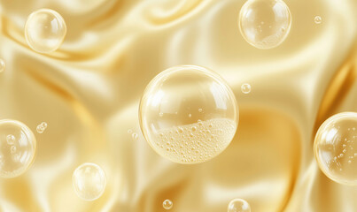 Poster - Golden bubbles floating on silky fabric background with soft texture and sheen.