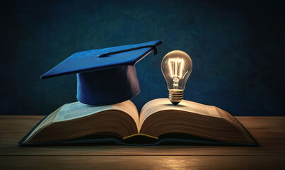 Poster - Graduation cap and light bulb on open book symbolizing education and knowledge.