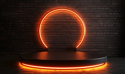 Poster - Neon circular light display on dark brick wall with illuminated platform.