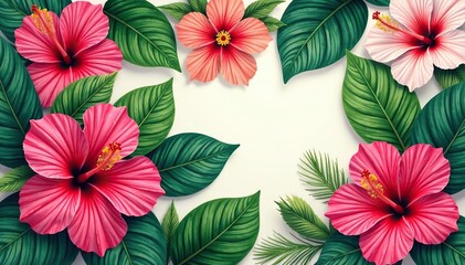 Wall Mural - bold hibiscus & tropical foliage, vibrant repeat , illustration, seamless