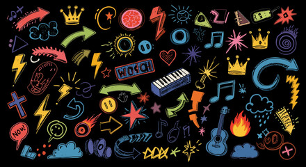 Poster - Hand drawn rock punk music star grunge heart doodle icon element set. Crayon brush stroke hand drawn line sketch style doodle rock punk star, heart shape. Crayon scribble music vector illustration 