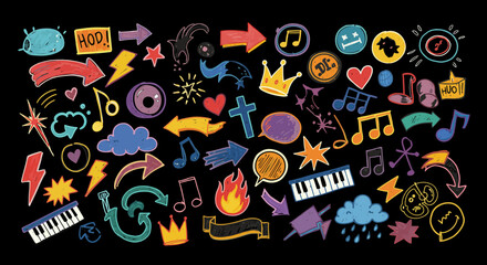 Poster - Hand drawn rock punk music star grunge heart doodle icon element set. Crayon brush stroke hand drawn line sketch style doodle rock punk star, heart shape. Crayon scribble music vector illustration 