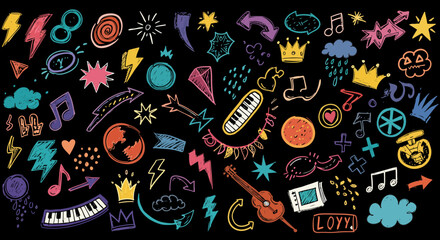 Poster - Hand drawn rock punk music star grunge heart doodle icon element set. Crayon brush stroke hand drawn line sketch style doodle rock punk star, heart shape. Crayon scribble music vector illustration 