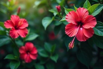 Wall Mural - bold vibrant hibiscus blooms, tropical greenery, colorful, background, nature