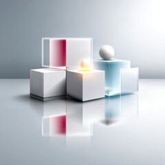 Poster - Abstract Geometric Composition: Cubes, Sphere, Reflections, and Light in a Modern Presentation