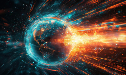 Poster - Dynamic representation of Earth with vibrant energy bursts and cosmic elements.