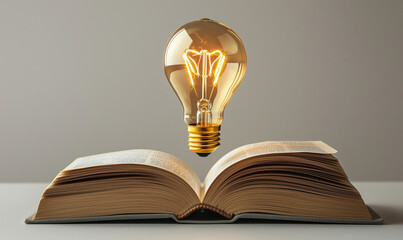 Poster - illuminated light bulb hovering above open book symbolizing knowledge and creativity.