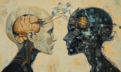Poster - human and robotic heads connected by neural pathways showcasing artificial intelligence and technolo