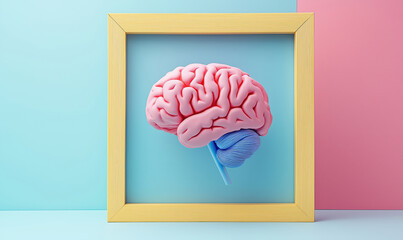Poster - 3d rendered brain illustration in a colorful frame on pastel background.