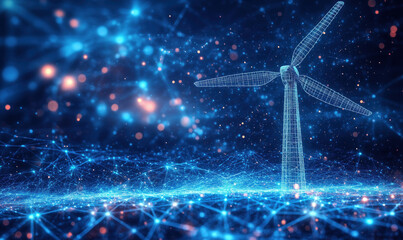 Poster - Digital wind turbine in futuristic network environment with glowing connections and particles.