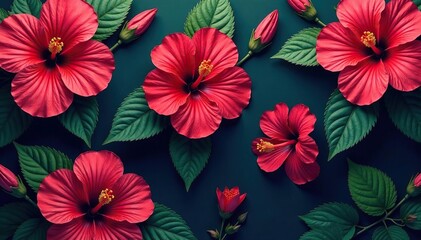 Wall Mural - vibrant hibiscus blooms, lush leaves, repeating pattern , flower, design, aesthetic
