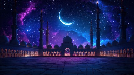 Wall Mural - peaceful ramadan night with a crescent moon glowing above a beautifully lit mosque.