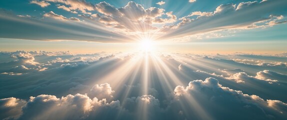 heavenly light rays shining through clouds wide angle panoramic view horizontal symmetric background