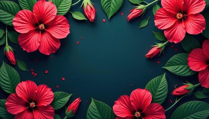 Wall Mural - vibrant hibiscus blooms, lush leaves, repeating pattern , orange, petals, elegant