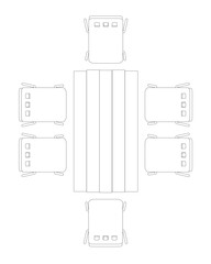 Poster - A drawing of a table with six chairs around it. The chairs are all lined up in a row. Top view