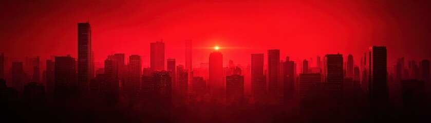 Poster - Sunset over a futuristic cityscape urban setting digital art vibrant red atmosphere aesthetic perspective