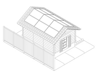 Poster - A small house with a slanted roof and a fence. The house is made of wood and has a small porch. Isometric view