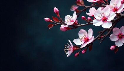 Wall Mural - Intricate sakura branch pattern, white and pink blossoms, dark background , spring, design, nature